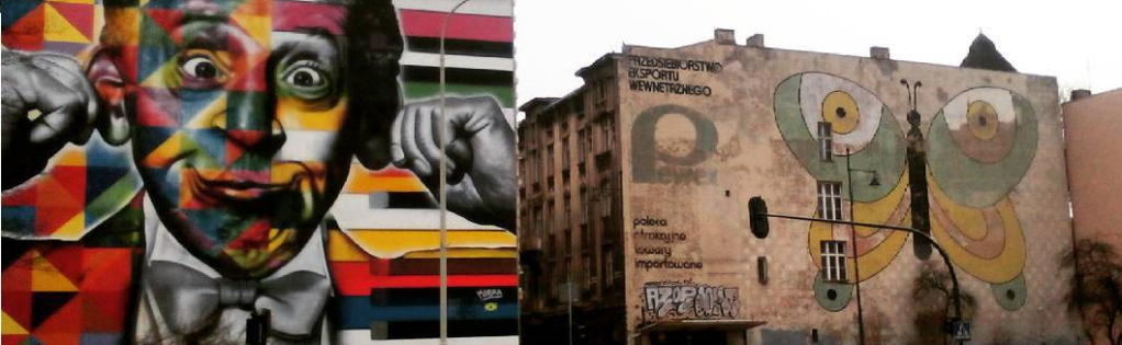 dwa murale - jeden z portretem Artura rubinsteina a drugi z motylem z lat prlu