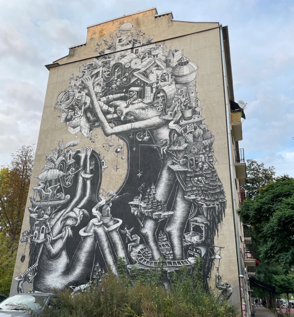black and white mural by  Phlegm in Warsaw 
