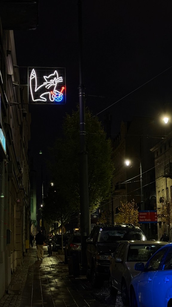 Cat-shaped neon on a building at Legionów 48 in Łódź, a remnant of a former haberdashery.
