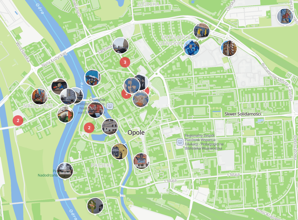 Map showing locations of murals in Opole, Poland based on the Street Art Cities map.