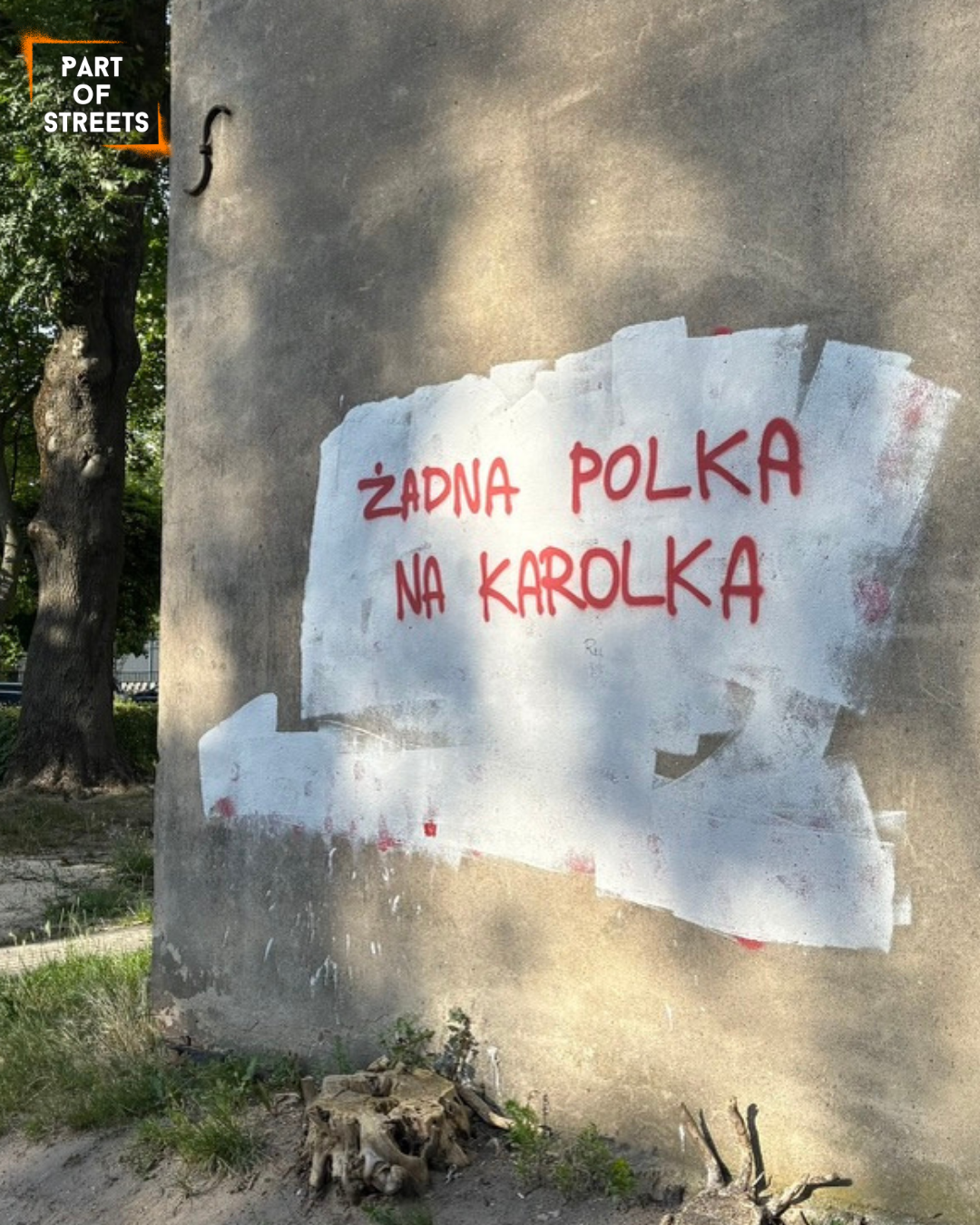 Red graffiti reading “ZADNA POLKA NA KAROLKA” (translated: “No Polish girl for Karolek”) sprayed on a cracked, pale blue wall with peeling paint and worn brick visible underneath. The text is written in capital letters.