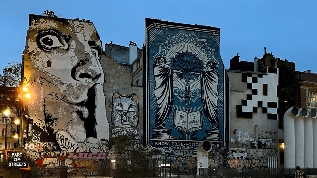murals by Jef Aerosol, Obey Giant and Invader in Paris, Place Igor Stravinsky